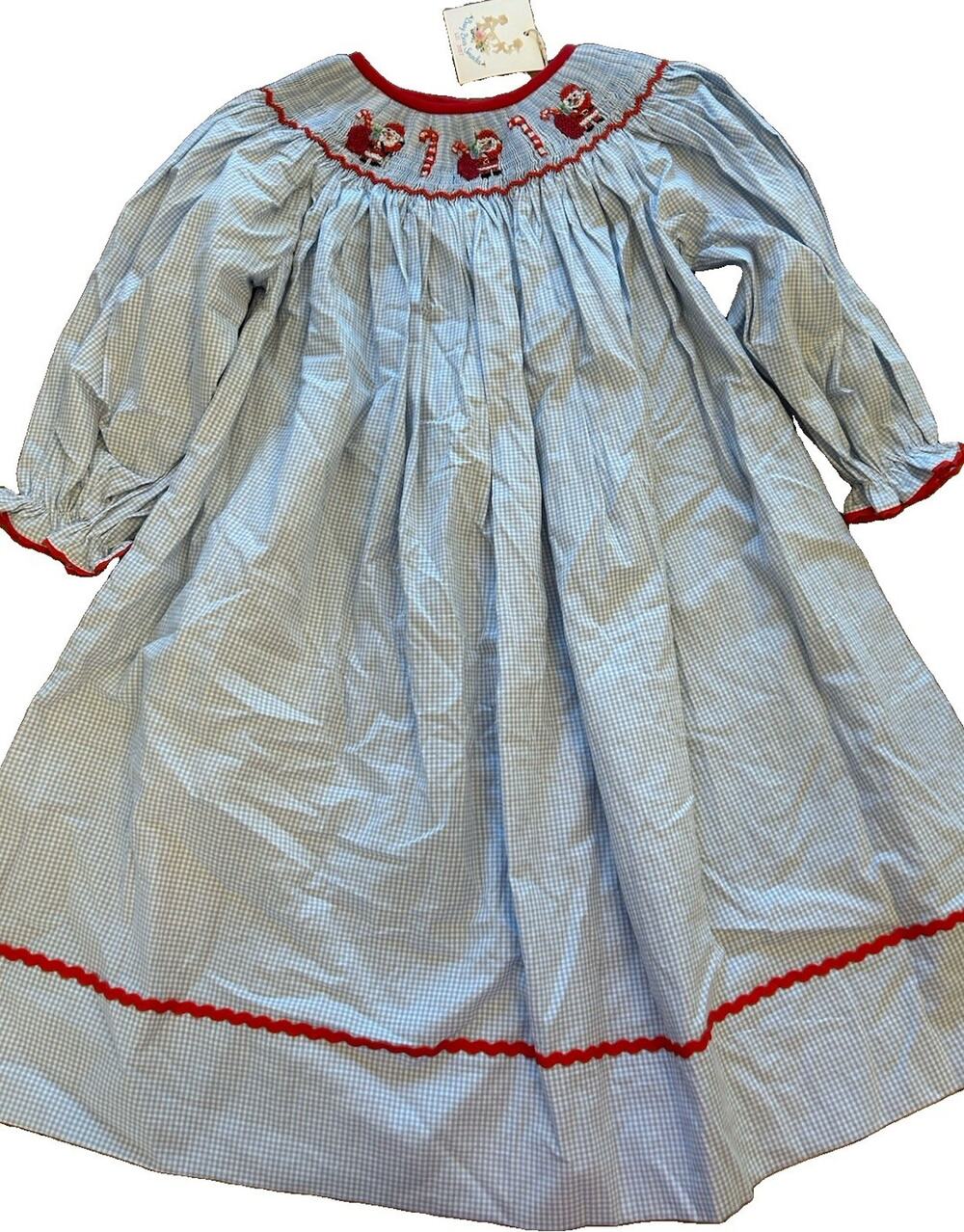 NWT Busy Bees Smocks Blue Gingham Smocked Santa Christmas Girls Dress Sz 3T
